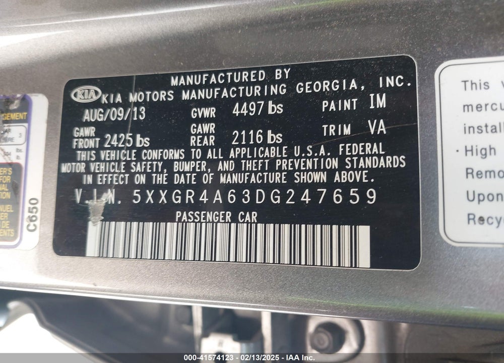 2013 KIA OPTIMA VIN: 5XXGR4A63DG247659