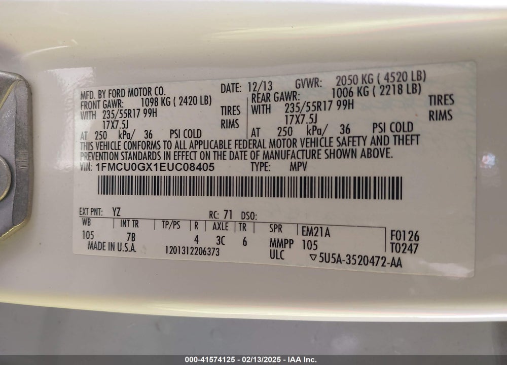 2014 FORD ESCAPE SE VIN: 1FMCU0GX1EUC08405