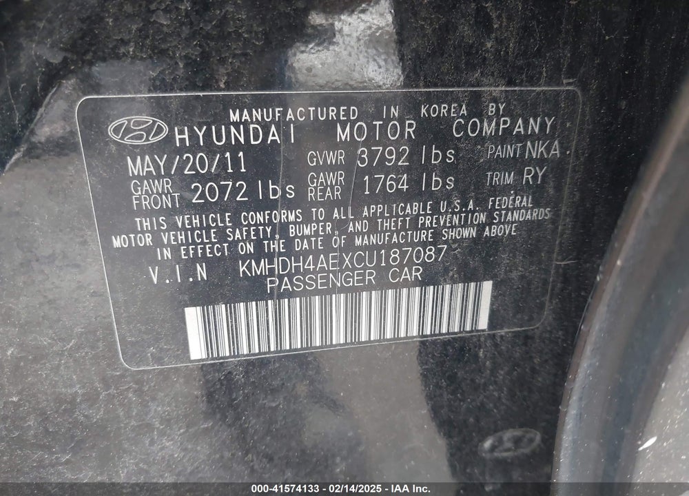 2012 HYUNDAI ELANTRA VIN: KMHDH4AEXCU187087