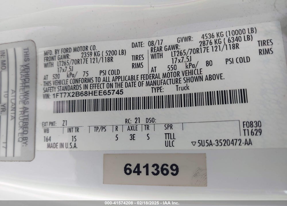2017 FORD F-250 VIN: 1FT7X2B68HEE65745