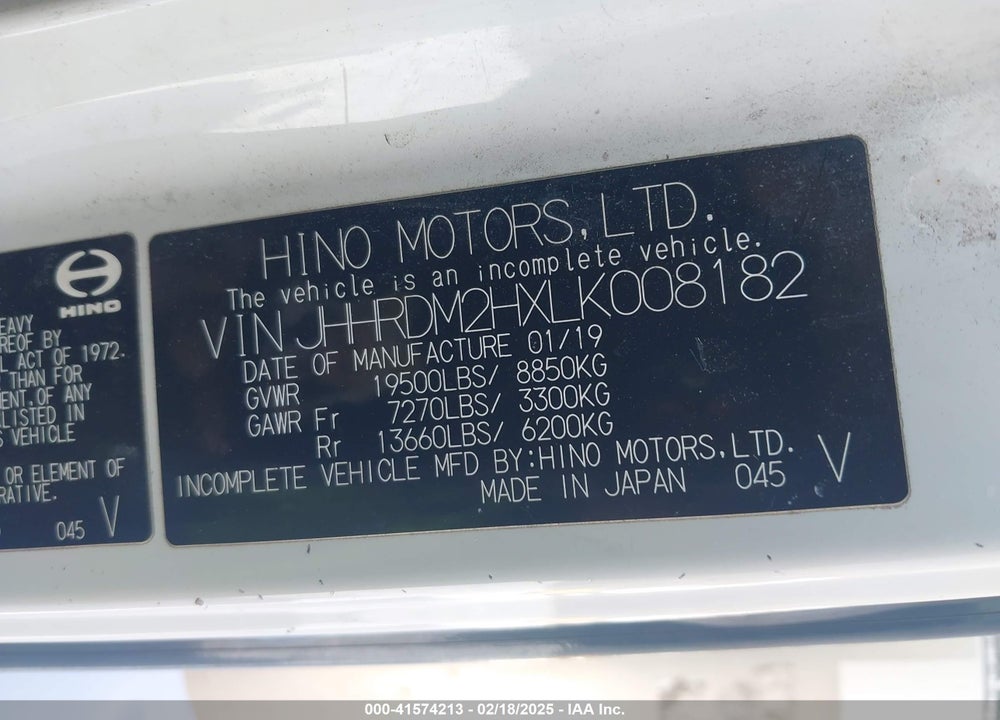 2020 HINO XJC720/XFC720 VIN: JHHRDM2HXLK008182