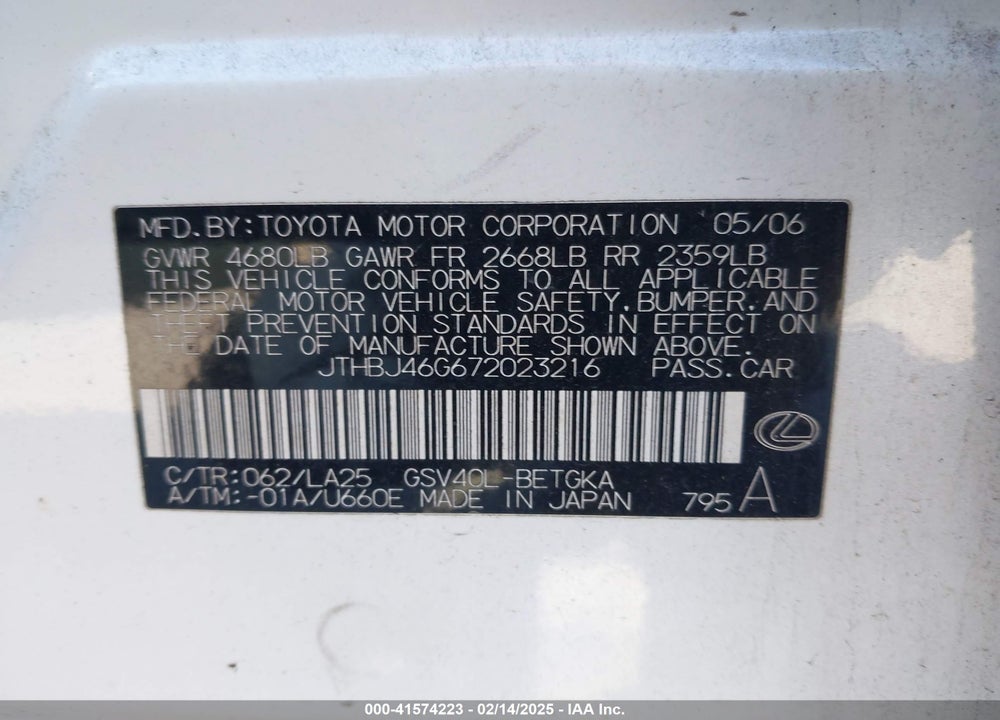 2007 LEXUS ES 350 VIN: JTHBJ46G672023216