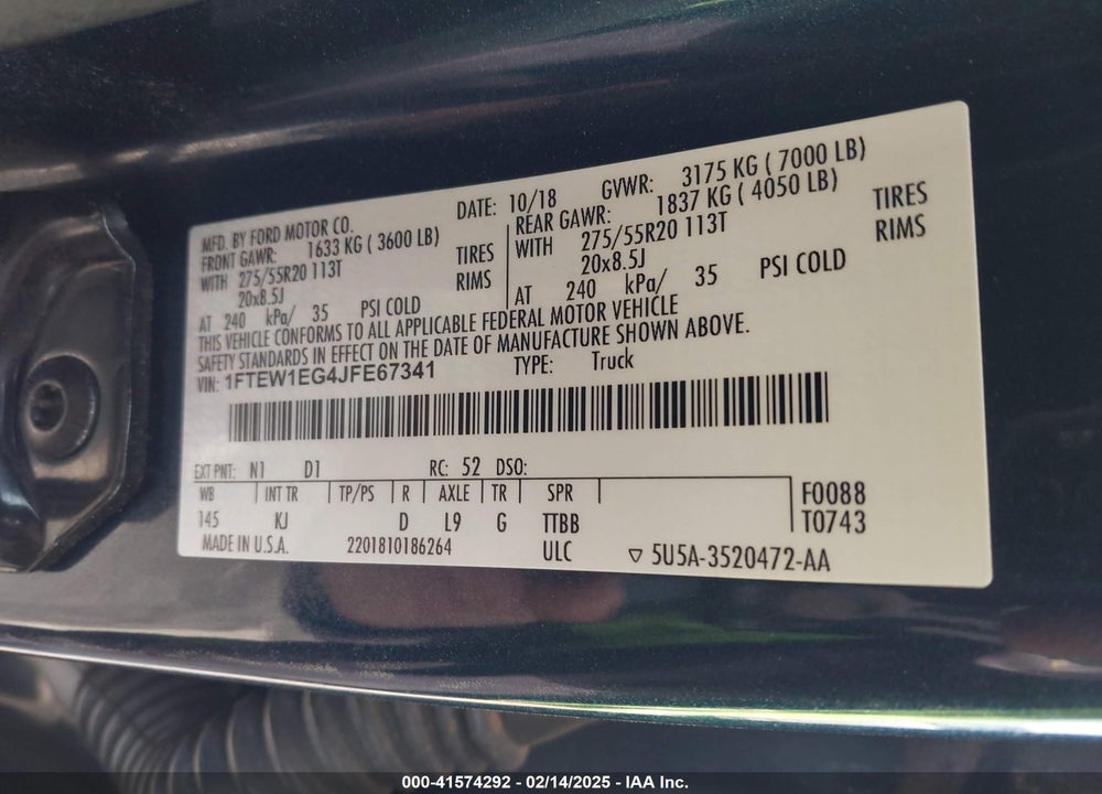 2018 FORD F-150 VIN: 1FTEW1EG4JFE67341