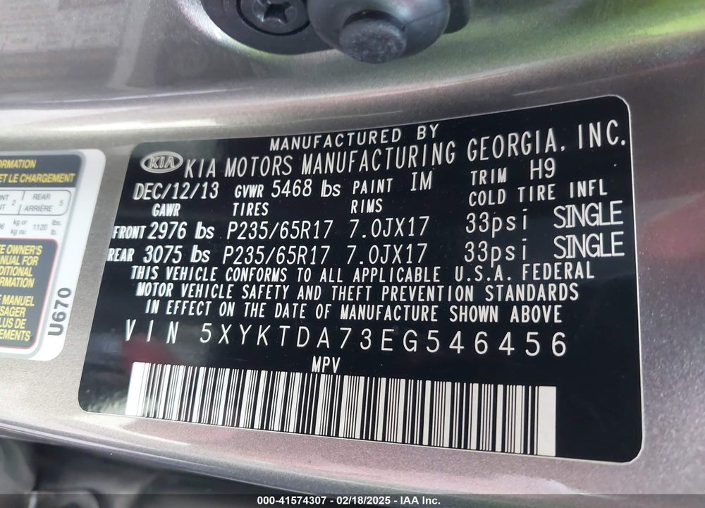2014 KIA SORENTO LX V6 VIN: 5XYKTDA73EG546456
