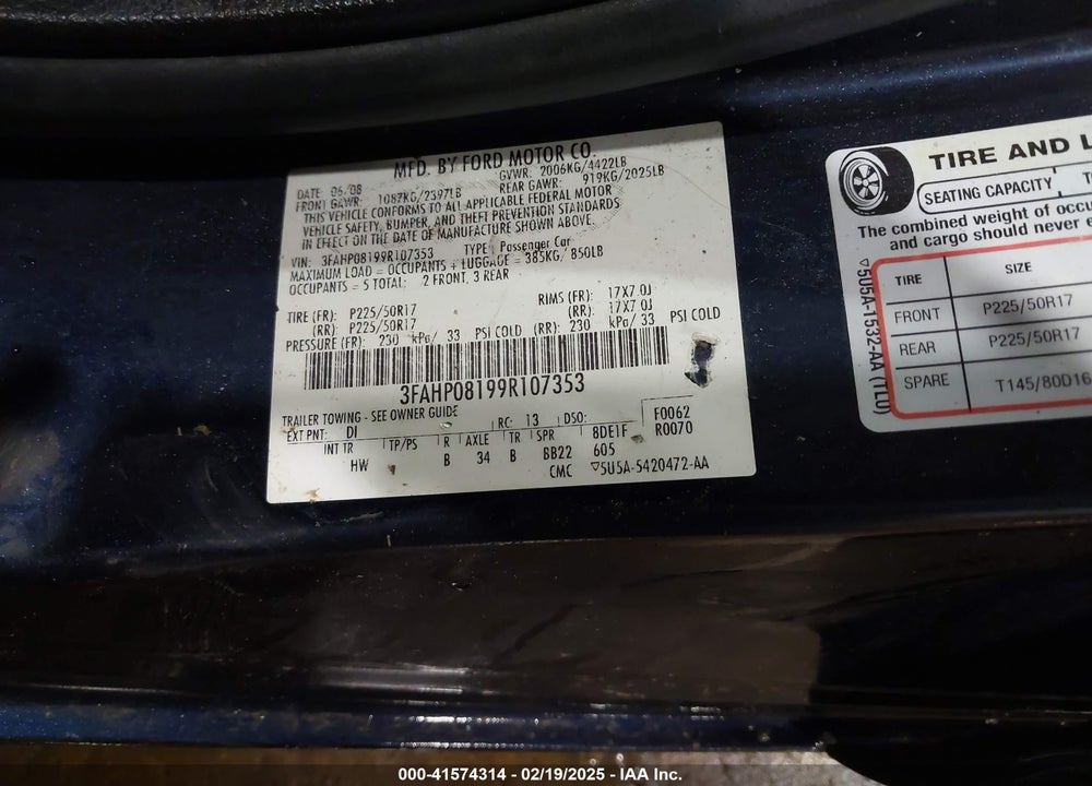2009 FORD FUSION VIN: 3FAHP08199R107353