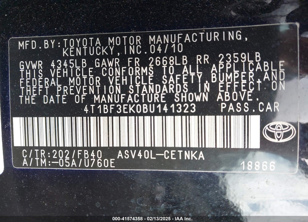 2011 TOYOTA CAMRY LE VIN: 4T1BF3EK0BU141323