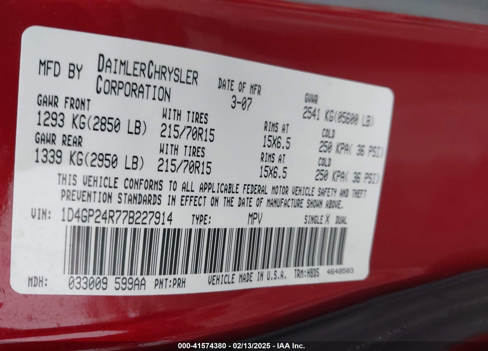 2007 DODGE GRAND CARAVAN SE VIN: 1D4GP24R77B227914