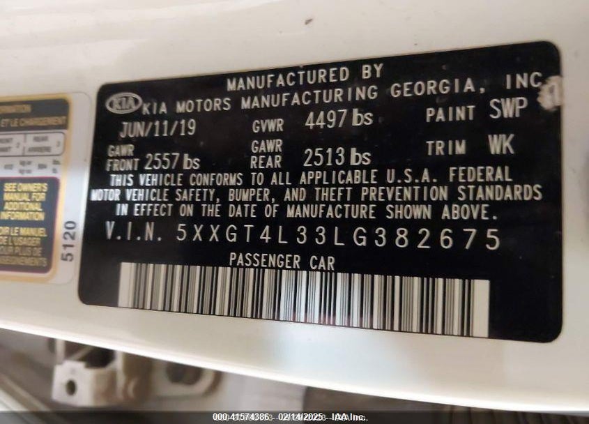 2020 KIA OPTIMA LX VIN: 5XXGT4L33LG382675
