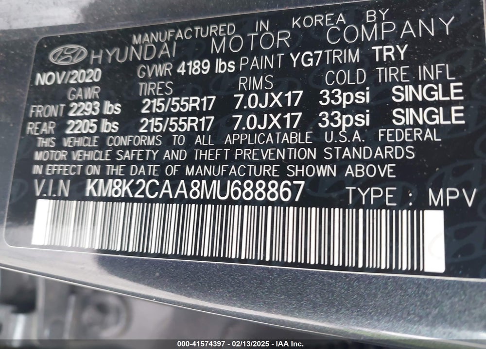 2021 HYUNDAI KONA SEL VIN: KM8K2CAA8MU688867