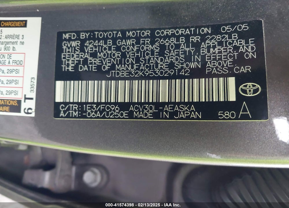 2005 TOYOTA CAMRY SE VIN: JTDBE32K953029142
