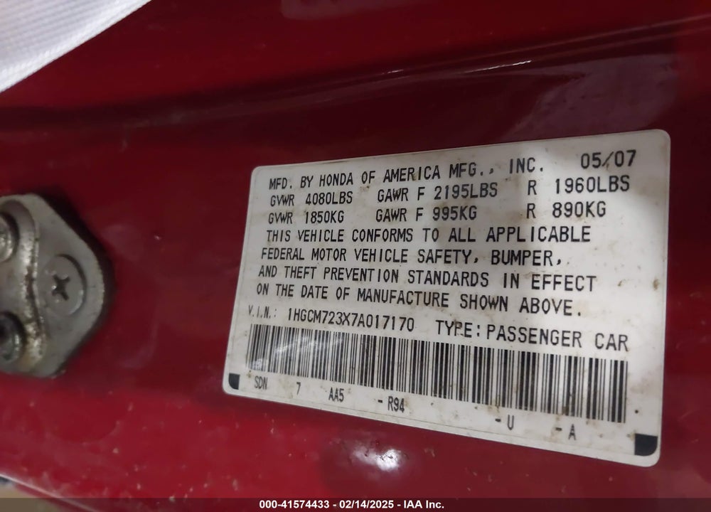 2007 HONDA ACCORD VIN: 1HGCM723X7A017170