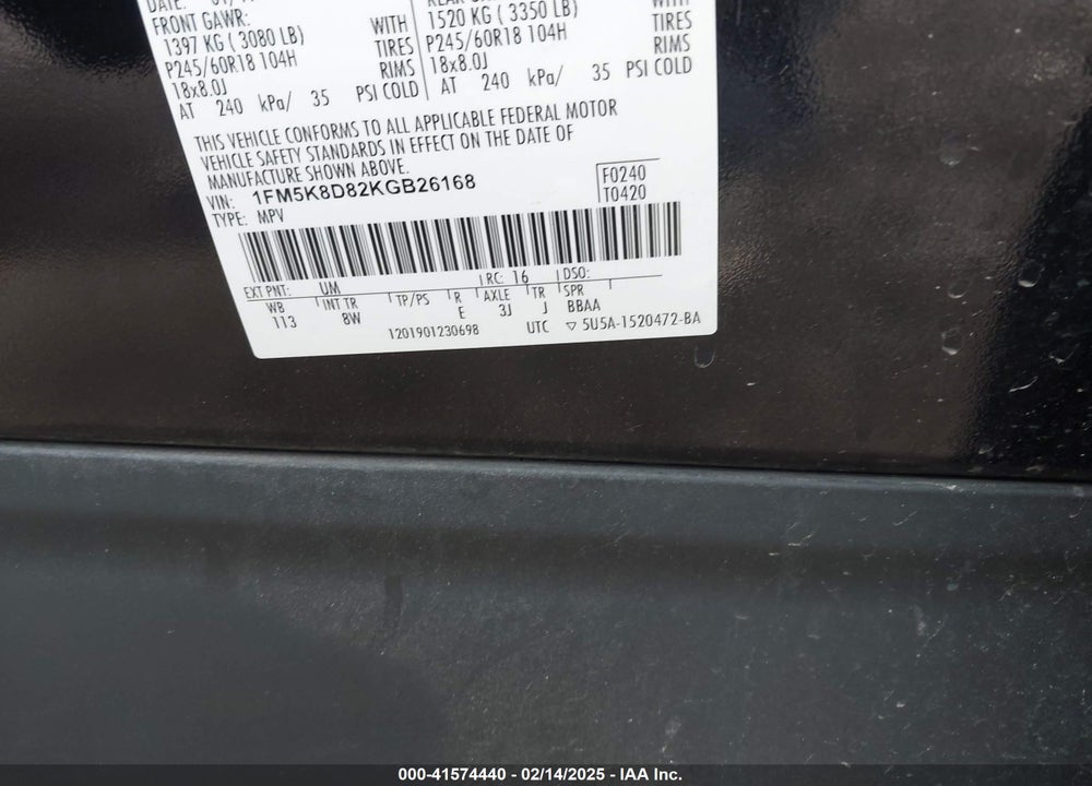 2019 FORD EXPLORER VIN: 1FM5K8D82KGB26168
