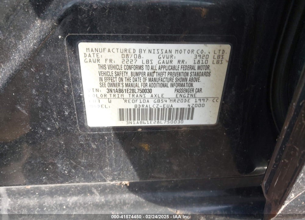 2008 NISSAN SENTRA 2.0 VIN: 3N1AB61E28L750030