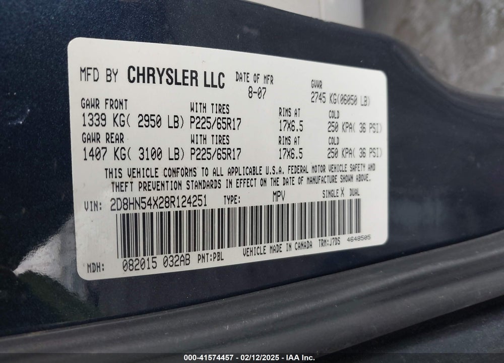 2008 DODGE GRAND CARAVAN SXT VIN: 2D8HN54X28R124251