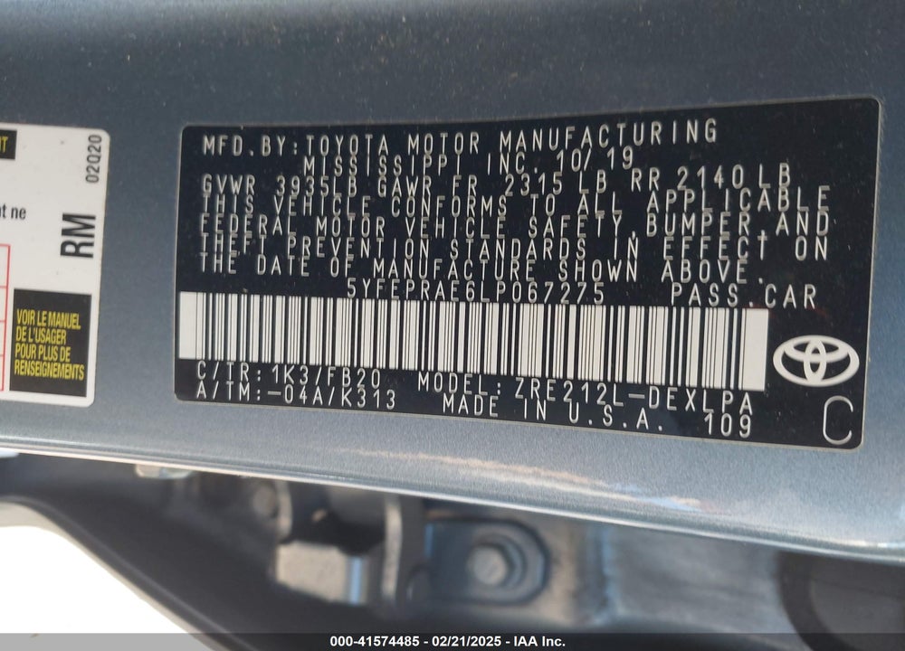 2020 TOYOTA COROLLA VIN: 5YFEPRAE6LP067275