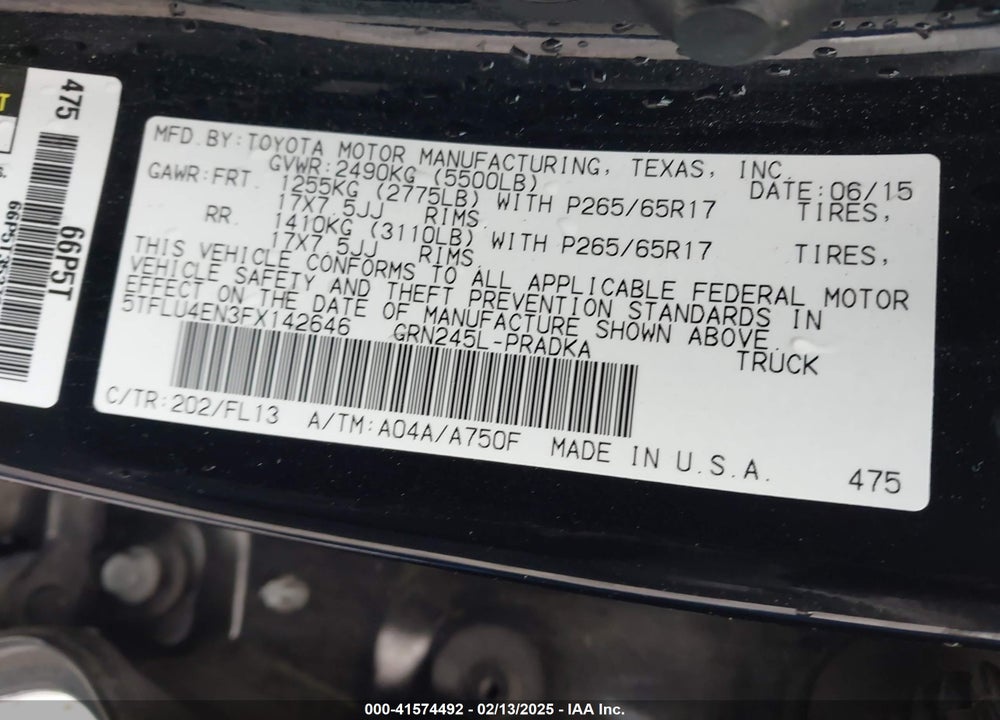 2015 TOYOTA TACOMA VIN: 5TFLU4EN3FX142646