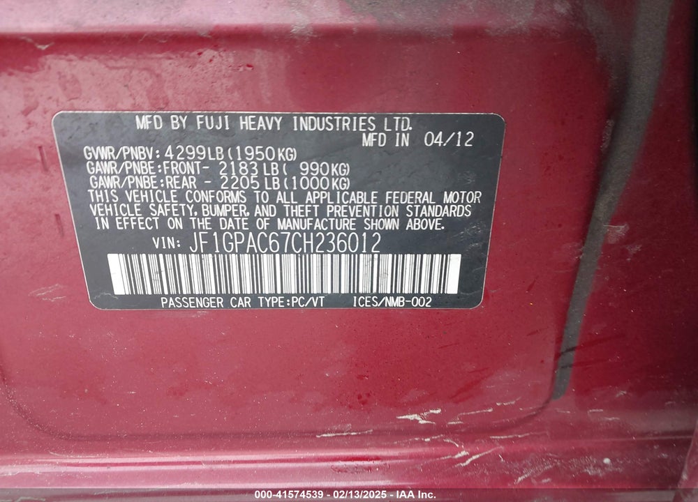 2012 SUBARU IMPREZA VIN: JF1GPAC67CH236012
