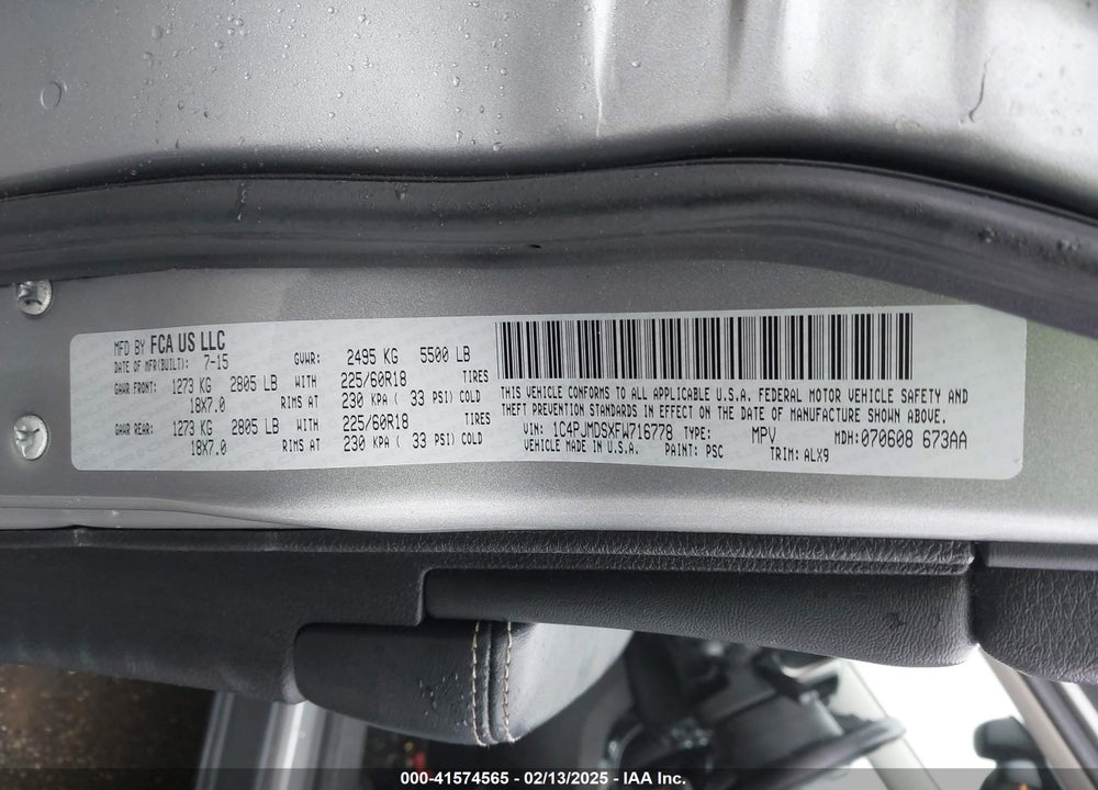 2015 JEEP CHEROKEE LIMITED VIN: 1C4PJMDSXFW716778