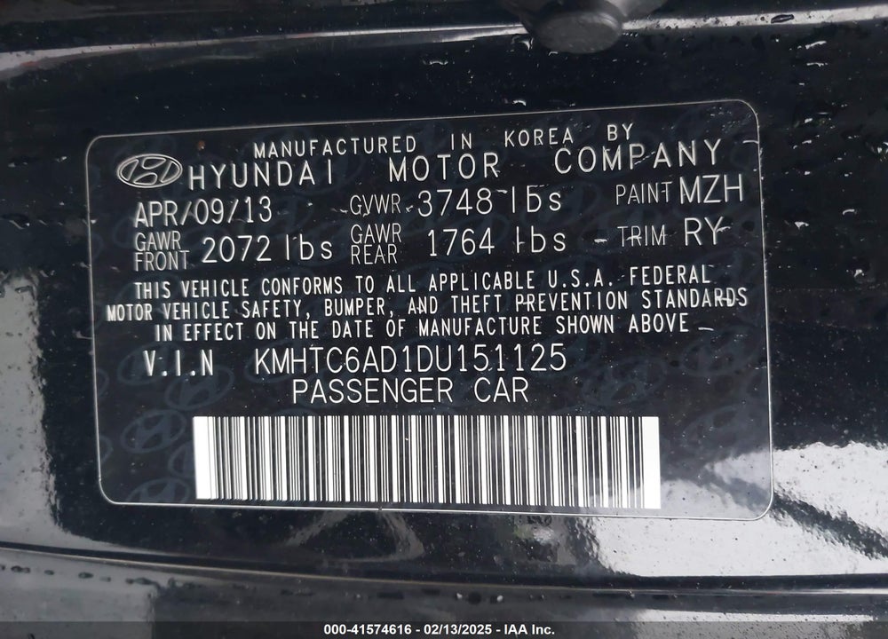 2013 HYUNDAI VELOSTER VIN: KMHTC6AD1DU151125