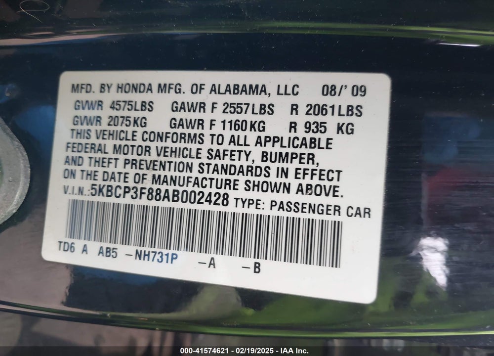 2010 HONDA ACCORD VIN: 5KBCP3F88AB002428