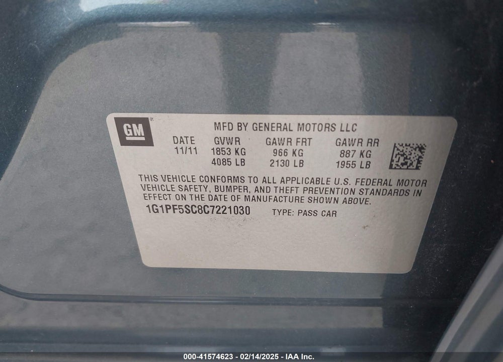 2012 CHEVROLET CRUZE VIN: 1G1PF5SC8C7221030