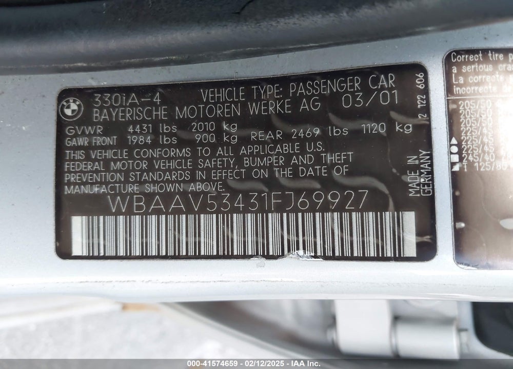 2001 BMW 330I VIN: WBAAV53431FJ69927
