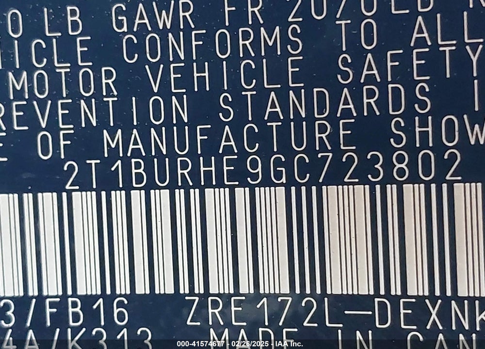 2016 TOYOTA COROLLA VIN: 2T1BURHE9GC723802