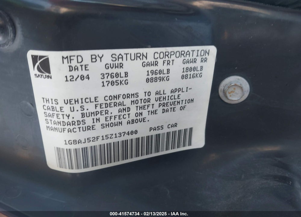 2005 SATURN ION 2 VIN: 1G8AJ52F15Z137400