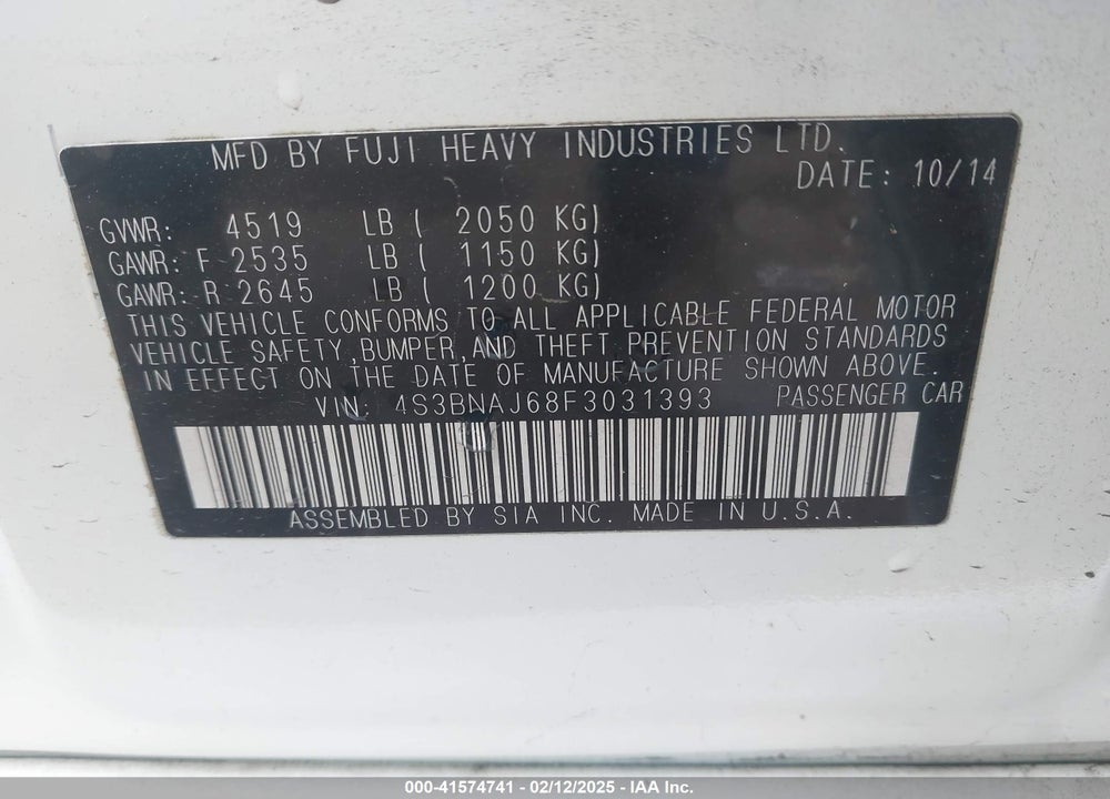 2015 SUBARU LEGACY VIN: 4S3BNAJ68F3031393