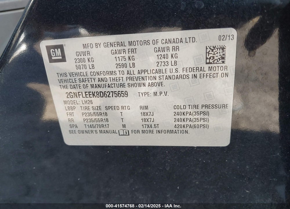 2013 CHEVROLET EQUINOX VIN: 2GNFLEEK8D6275659