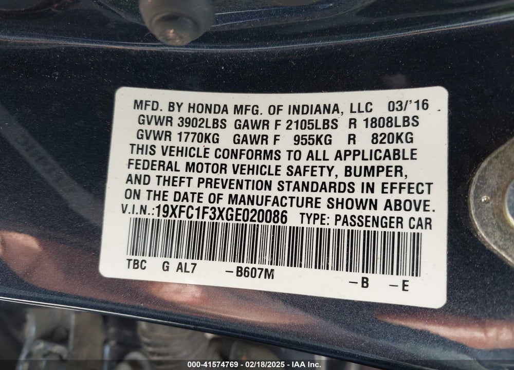 2016 HONDA CIVIC VIN: 19XFC1F3XGE020086
