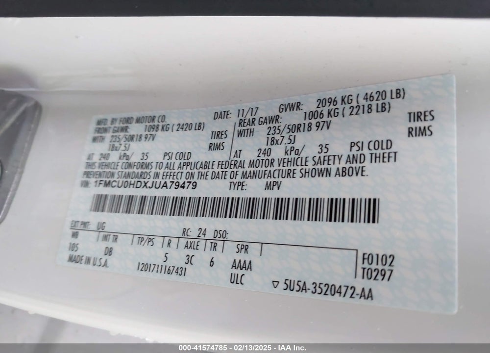 2018 FORD ESCAPE SEL VIN: 1FMCU0HDXJUA79479