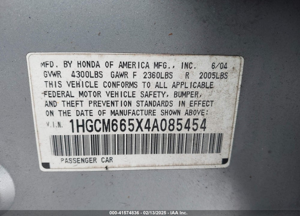 2004 HONDA ACCORD 3.0 EX VIN: 1HGCM665X4A085454