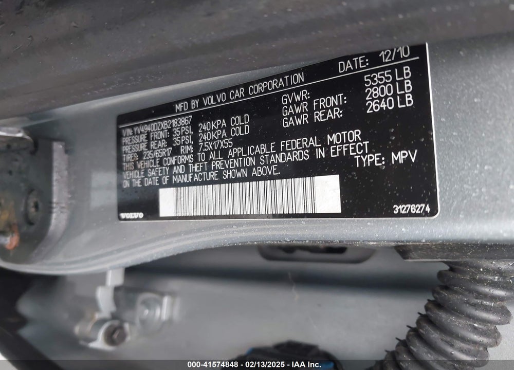 2011 VOLVO XC60 3.2 VIN: YV4940DZXB2183867