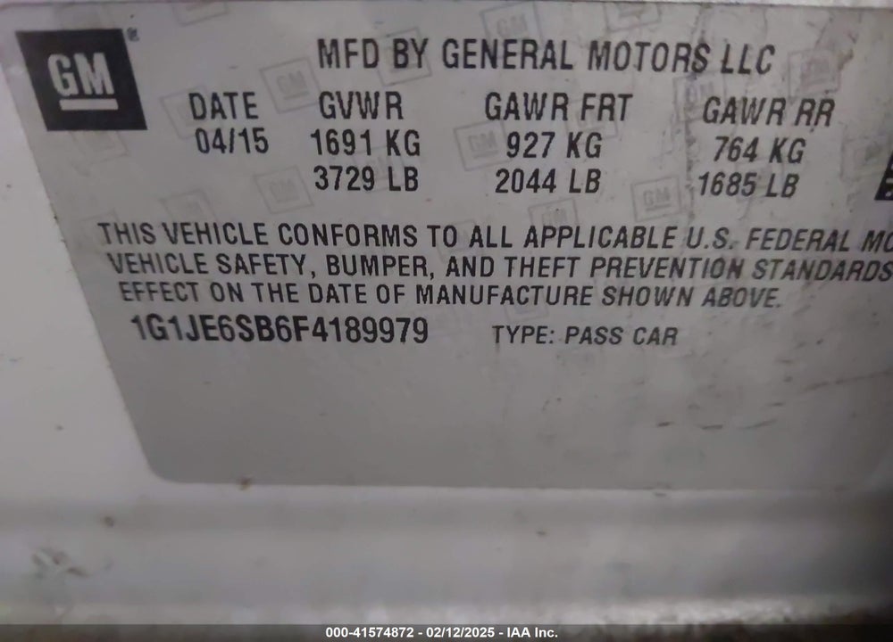 2015 CHEVROLET SONIC VIN: 1G1JE6SB6F4189979