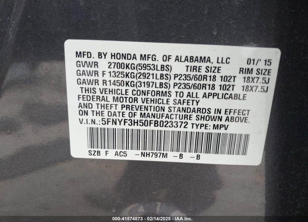 2015 HONDA PILOT VIN: 5FNYF3H50FB023372