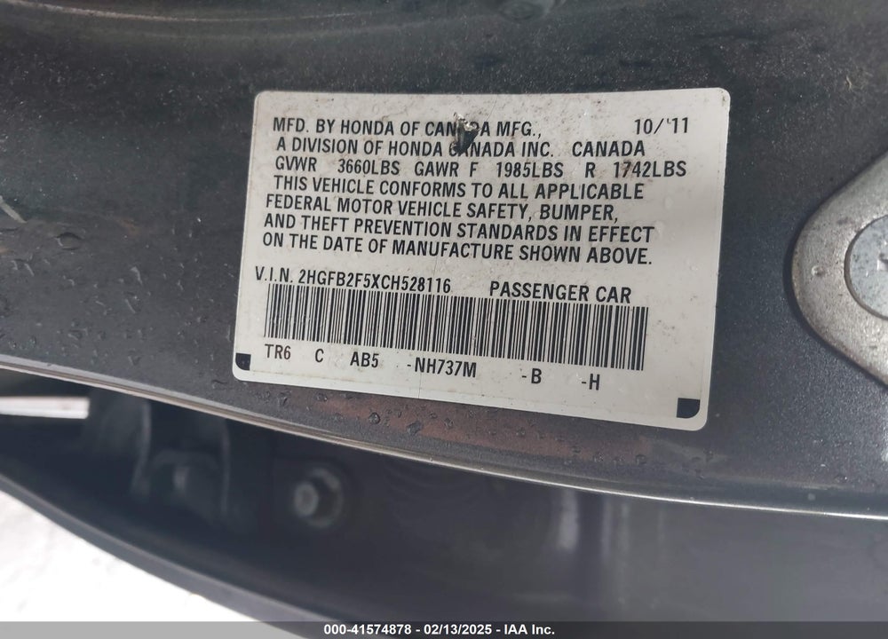 2012 HONDA CIVIC LX VIN: 2HGFB2F5XCH528116