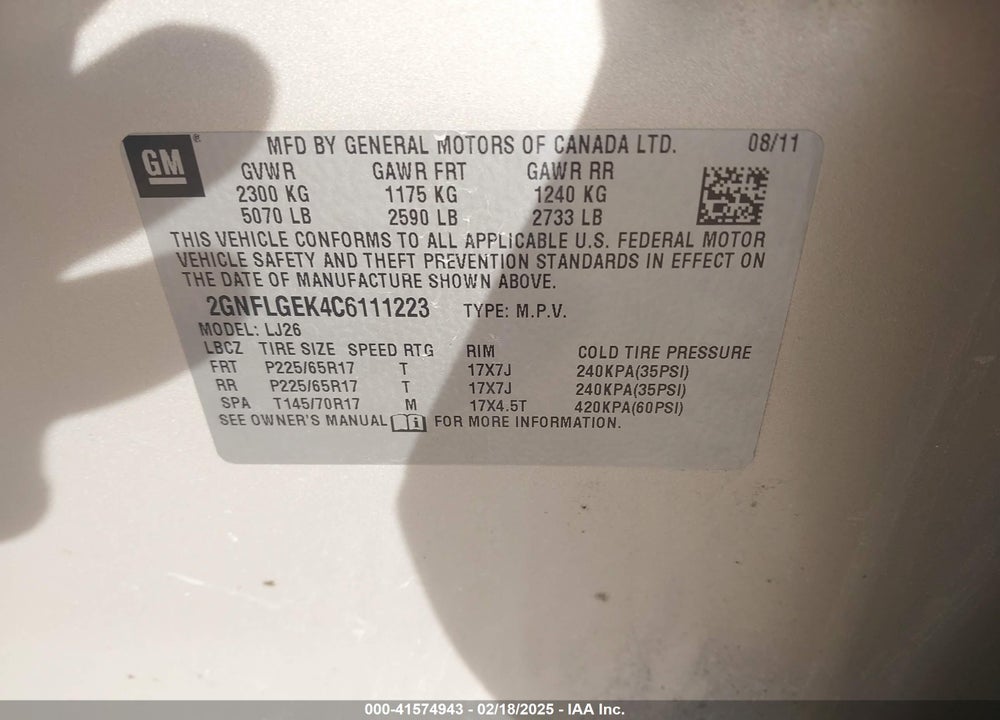 2012 CHEVROLET EQUINOX VIN: 2GNFLGEK4C6111223