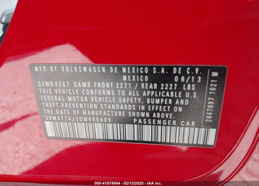 2013 VOLKSWAGEN JETTA VIN: 3VW4T7AJ3DM455689