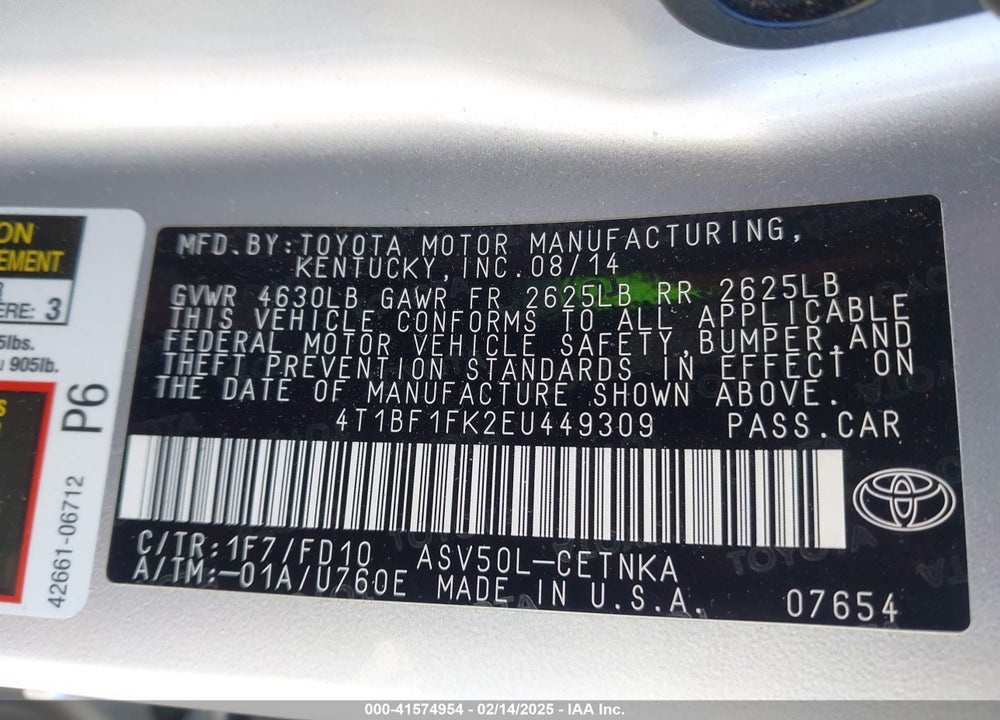 2014 TOYOTA CAMRY VIN: 4T1BF1FK2EU449309
