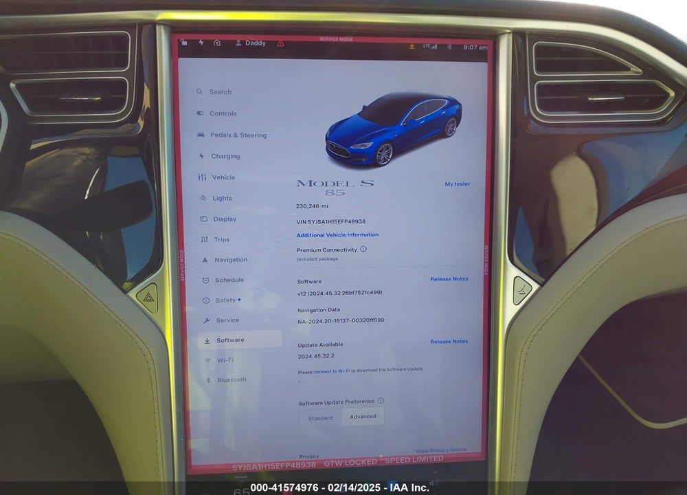 2014 TESLA MODEL S VIN: 5YJSA1H15EFP48938