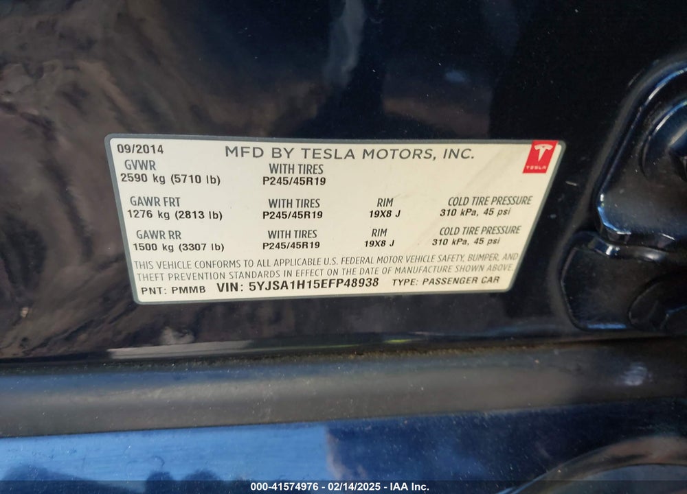 2014 TESLA MODEL S VIN: 5YJSA1H15EFP48938