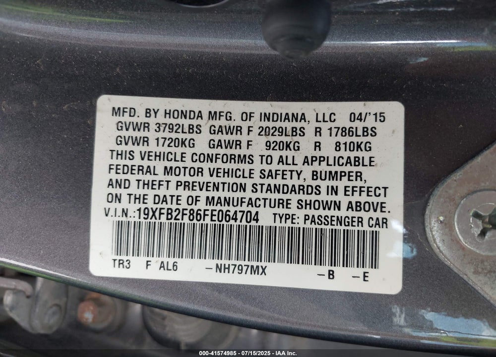 2015 HONDA CIVIC VIN: 19XFB2F86FE064704