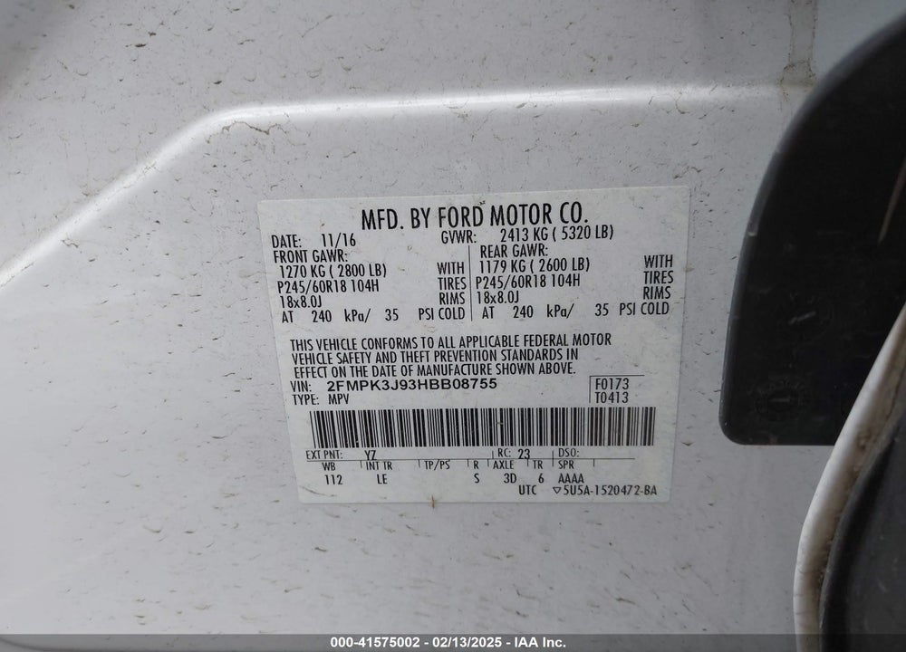 2017 FORD EDGE SEL VIN: 2FMPK3J93HBB08755