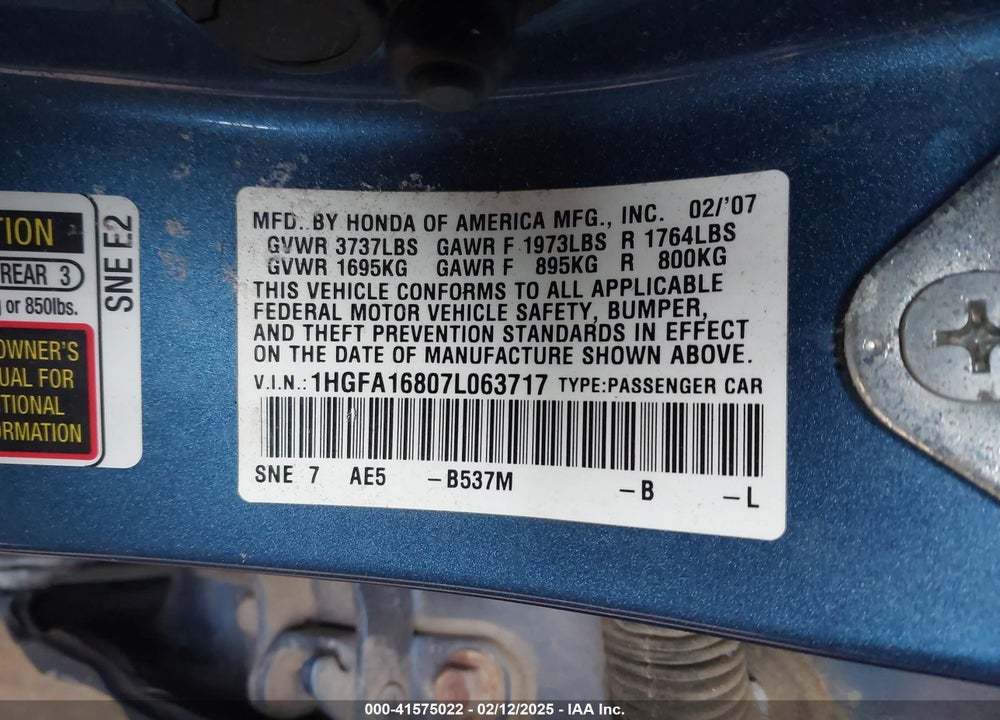 2007 HONDA CIVIC VIN: 1HGFA16807L063717