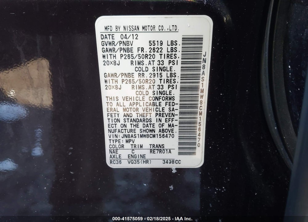 2012 INFINITI FX35 VIN: JN8AS1MW8CM156470