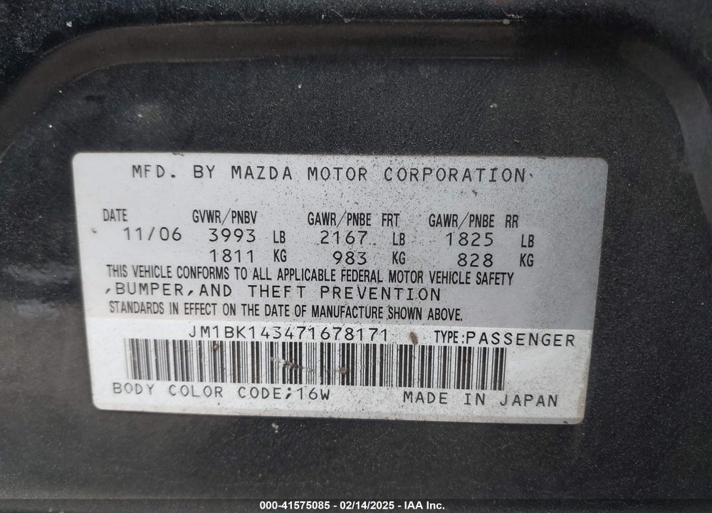 2007 MAZDA 3 S SPORT VIN: JM1BK143471678171