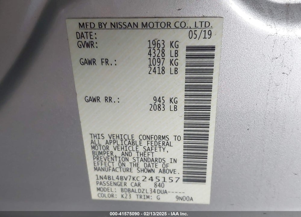 2019 NISSAN ALTIMA VIN: 1N4BL4BV7KC245157