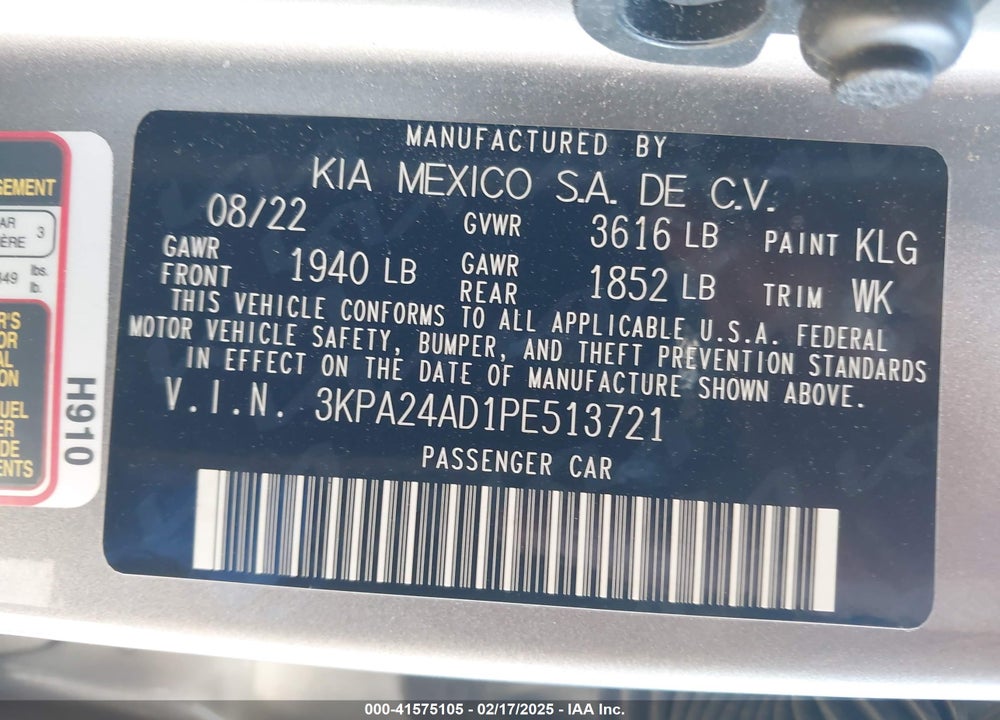 2023 KIA RIO S VIN: 3KPA24AD1PE513721
