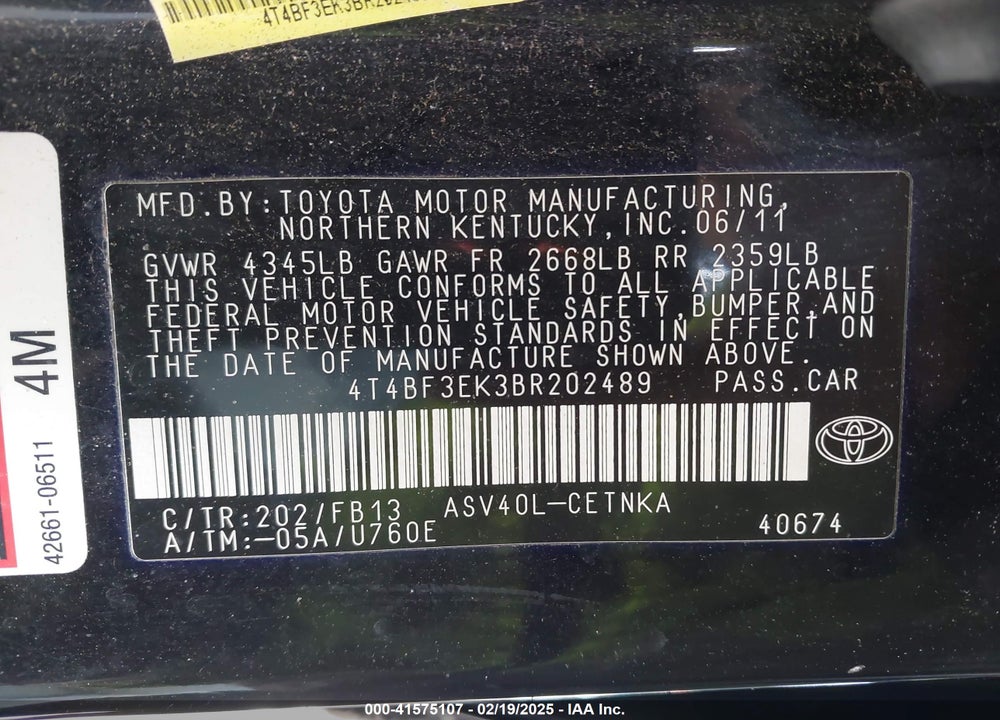 2011 TOYOTA CAMRY LE VIN: 4T4BF3EK3BR202489